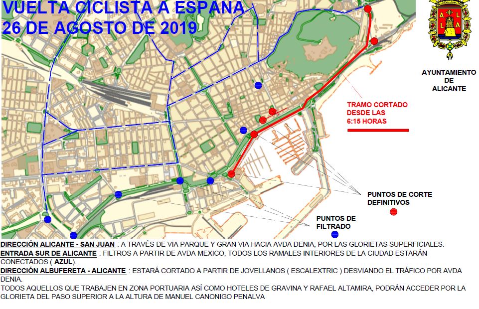 Aviso por  cortes de tráfico durante el paso de la Vuelta Ciclista por Alicante, el lunes 26 de agosto 2019