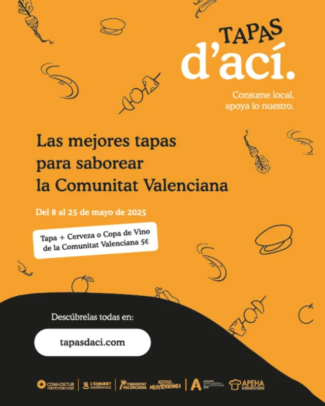 🎉 ¡TAPAS d’ací para saborear Alicante!
Hasta el 25 de mayo, una tapa + bebida (vino o cerveza de la Comunitat Valenciana) por solo 5 €.

🍴 Gastronomía local
🍷 Vino de la terreta
🧡 Consume local, apoya lo nuestro
📍 Descubre los bares y restaurantes participantes en 👉 tapasdaci.com

.
.
🎉 TAPAS d’ací, come and taste Alicante!
Enjoy until May 25th a tapa + a drink (wine or beer from the Valencian Region) for only €5.

🍴 Local gastronomy
🍷 Alicante wines
🧡Support local, back what's ours

📍 Discover all participating bars and restaurants at 👉 tapasdaci.com
.
.
🎉 TAPES d’ací per a assaborir Alacant!
Fins al 25 de maig, una tapa + beguda (vi o cervesa de la Comunitat Valenciana) per només 5 €.

🍴 Gastronomia local
🍷 Vi de la terreta
🧡 Consumix local, dona suport al que és nostre

📍 Descobrix els bars i restaurants participants en 👉 tapasdaci.com
#TapasdAcí #AlicanteGastronómica #TurismoAlicante #SaboresDeLaTierra #ActitudMediterránea #alicantecity